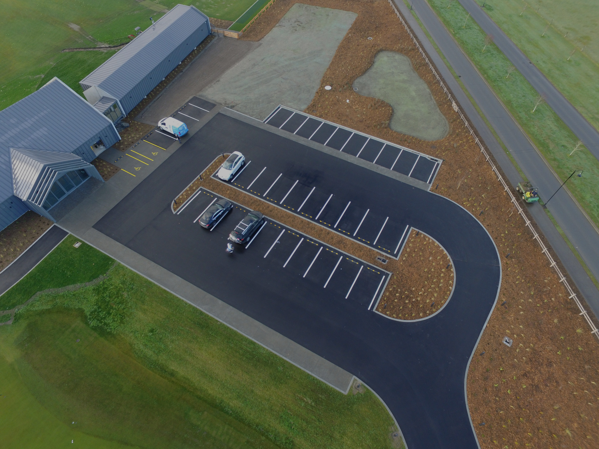 Aerial image of the Halswell Bowling Green project by EDR Contracting in Christchurch showing the pristine sports turf as crews complete the final surface touches before handover.